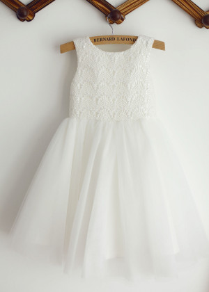 Ivory Lace Tulle Knee Length Flower Girl Dress